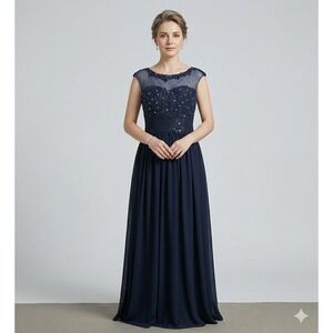 Navy Lace Sequin Evening Gown Women Size M Formal Maxi Dress Wedding Gala